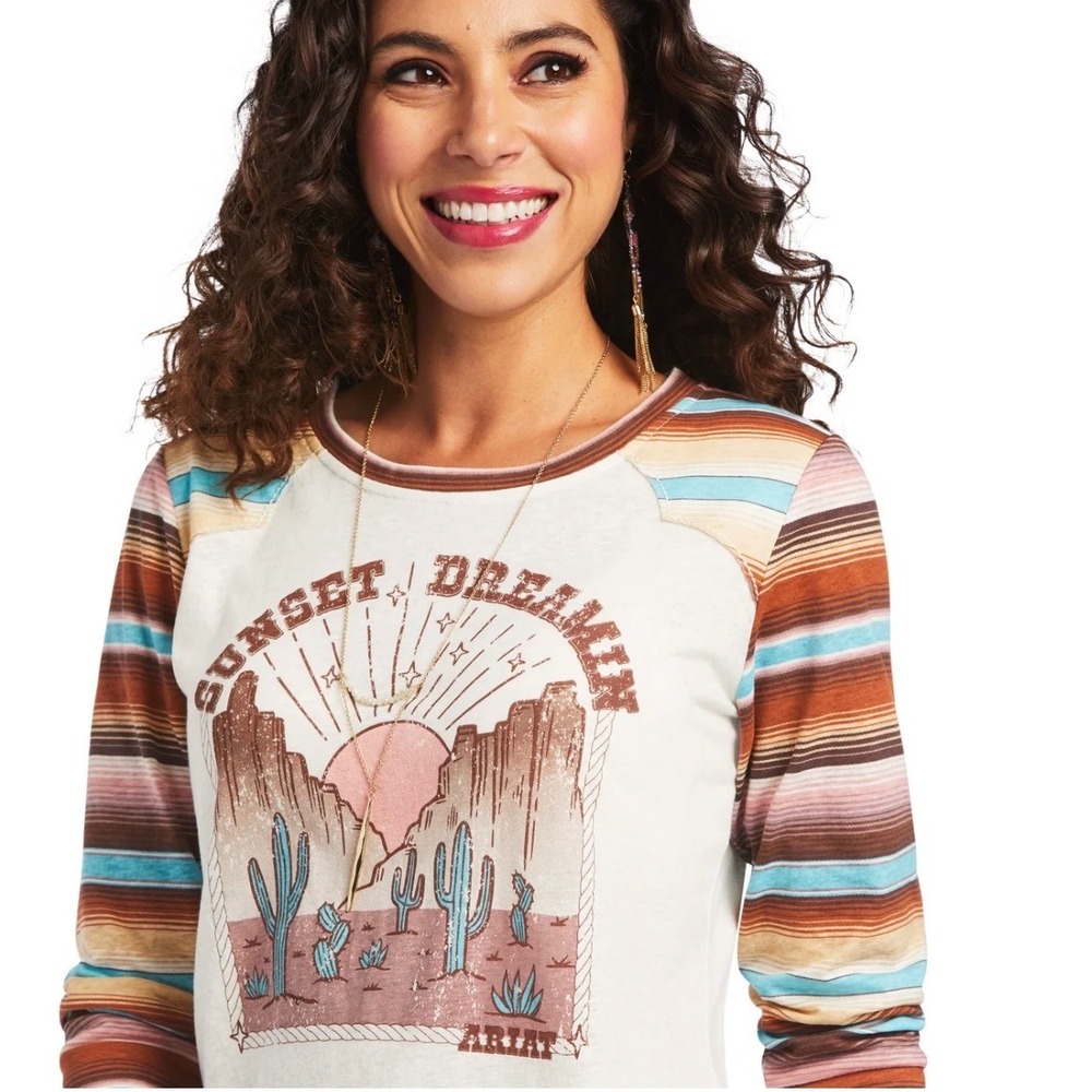 Ariat Sunset Dreamin Graphic Tee Size Medium Serape Stripe Raglan Western Rodeo